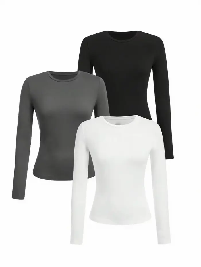 T-shirt femme manches longues couleur unie - Tissu tricoté polyester, col rond, coupe régulière, sty