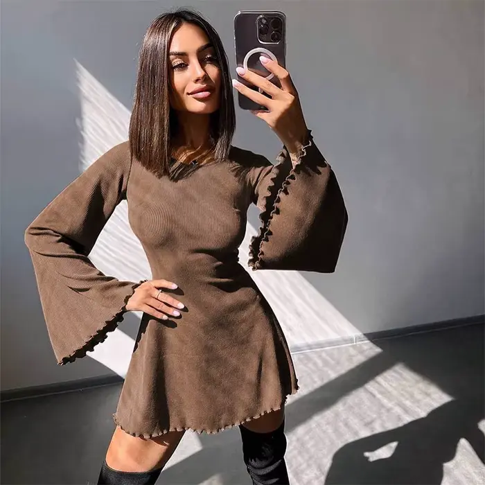 Sexy noční klub Mini šaty Dámské Krátké večerní šaty Zpět Bandáž O krku Linka vzplanul rukávy Podzimní dámské šaty Podzimní šaty