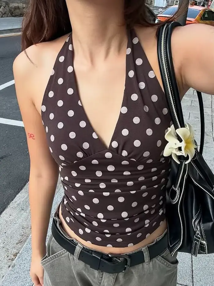Gilet imprimé chat étrange à pois pour femmes, Y2K, dos nu, col en v, slim, tendance d'été, quotidie