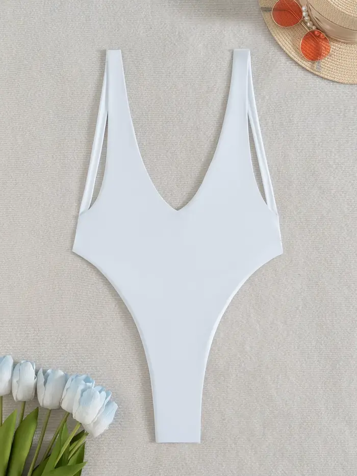 Sexy solide blanc col en v profond maillot de bain une pièce dos nu string bikinis maillots de bain 