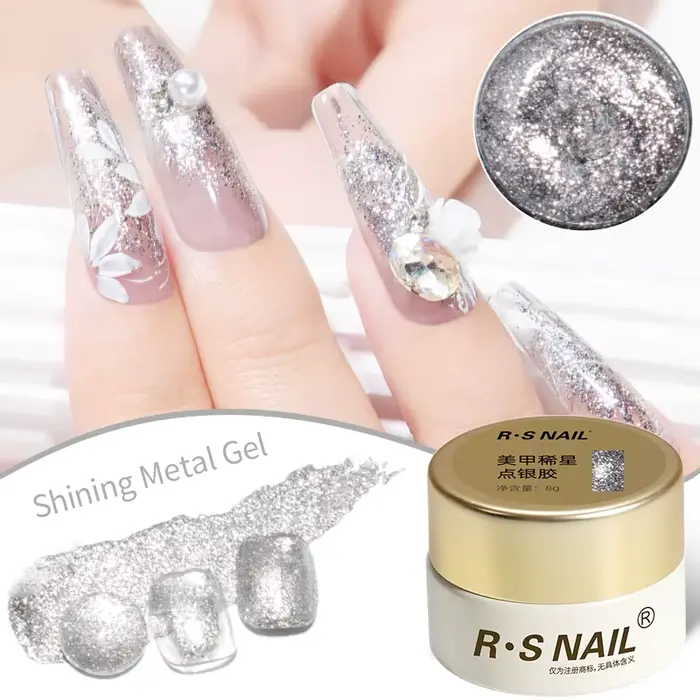 RS NAIL 8g Gel de peinture scintillant sans lingette Gel platine paillettes métallique doré argenté 
