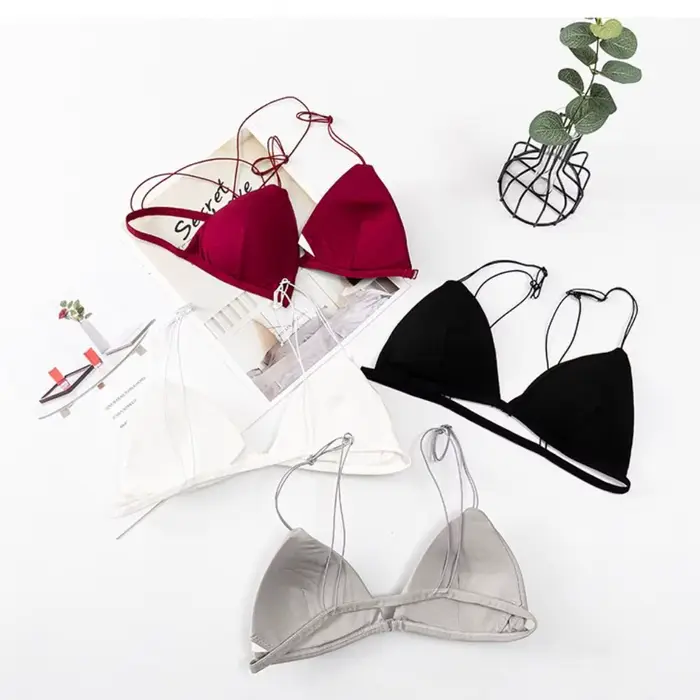 Soutiens-gorge triangulaires romantiques pour femmes, fines bretelles, dos nu, sans armatures, lingerie de couleur unie, style français, pour la plage.