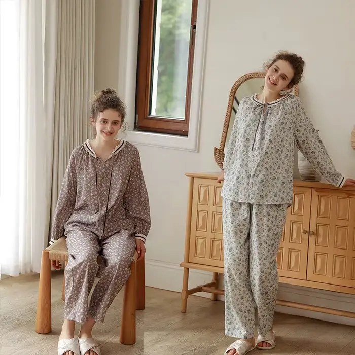Květinové pyžamo pro ženy, s krajkou, šňůrkou, límcem, biskup dlouhými rukávy, relaxační oblečení set, měkký bavlněný svetr, noční prádlo