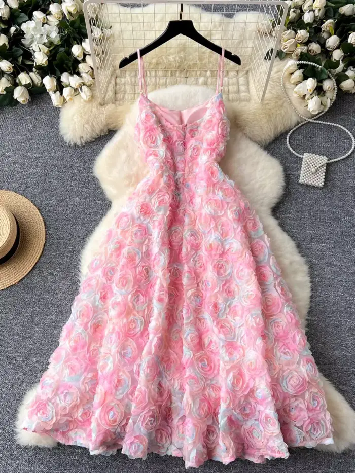 JAMERARY-Robe rose fleurie 3D pour femme, mini robe de Rhde luxe, style palais, vacances de célébrit