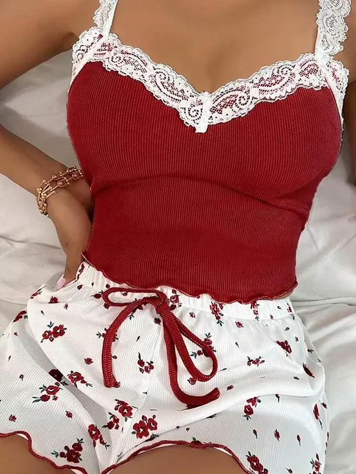 Sexy dámské pyžamo léto potisk květinová krajka krátký čtvercový límec košilka a šortky na mašle dva kusy