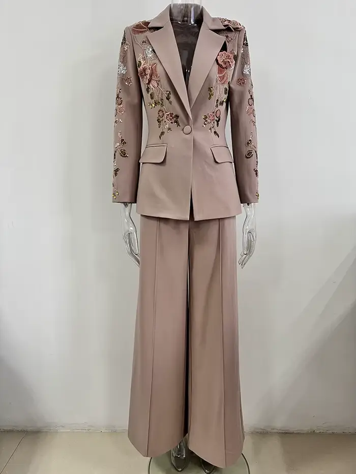 HIGH STREET – ensemble de costume de défilé de styliste pour femmes, Blazer perlé à fleurs 3D, panta