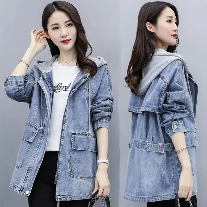 Veste en Jean à Capuche Mi-Longue pour Femme, Style Coréen, Nouvelle Collection Printemps Automne 20