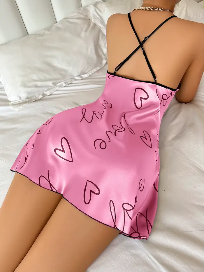 Coeur lettre impression chemise de nuit décontracté col rond Spaghetti sangle robe de nuit femmes vê