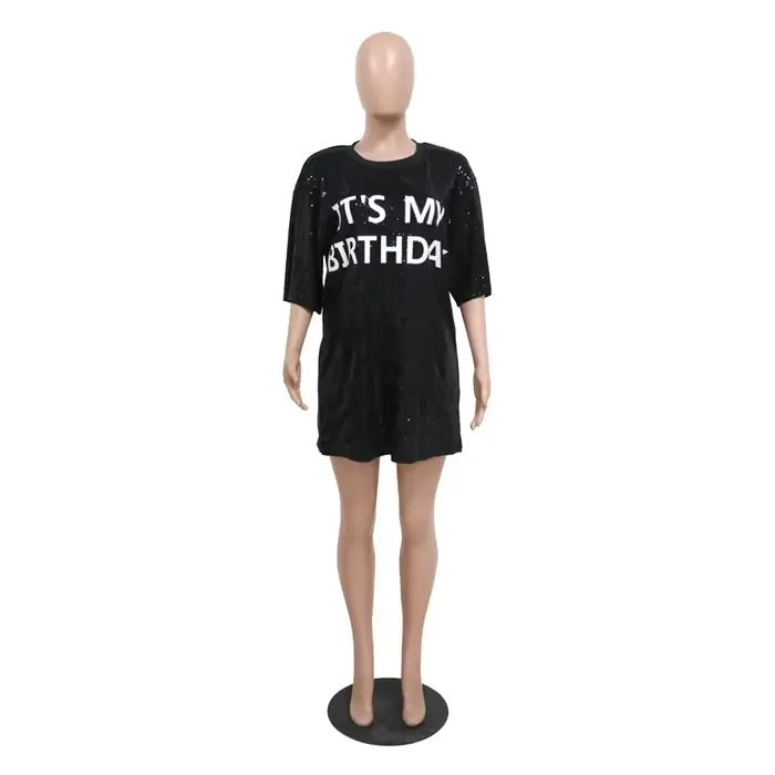 Robe noire sexy à paillettes pour femmes, demi manches, mini robes droites, soirée de printemps et d