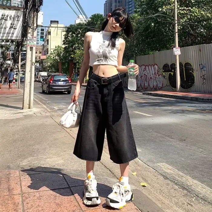Jeans baggy vintage pour femmes, style américain Y2K, coupe ample, délavé, hauteur de taille, longueur jusqu'aux genoux, denim mince, décontracté, été