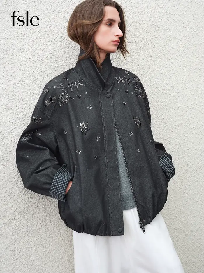 FSLE 【Série Premium】 2026 Manteau pour femme perlé à col en cuir, à manches longues, coupe ample, de