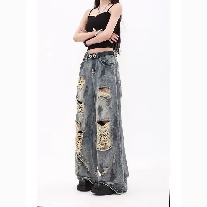 Jean ample bleu déchiré style Y2K rétro américain taille haute tendance pour hommes et femmes, coupe