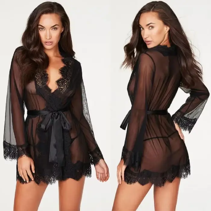 Ensemble de Lingerie Sexy + string pour femmes, vêtements de nuit Porno, sous-vêtements en dentelle, vêtements sexuels, nuisette, robe érotique transparente, costume de Lingerie Sexy