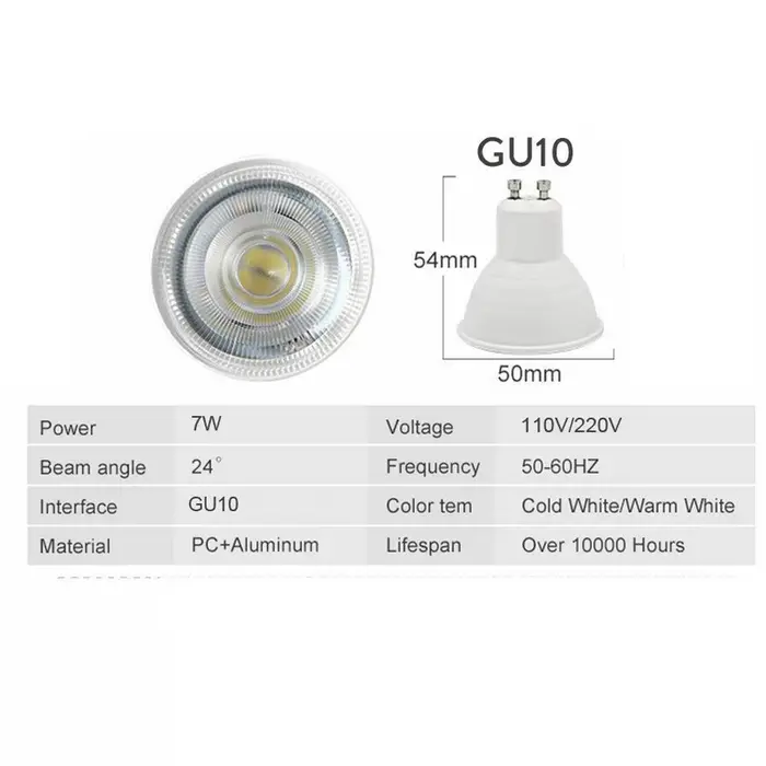 Ampoules de projecteur LED GU10 à intensité variable, Angle de faisceau de 24 degrés COB 7W 110V 220