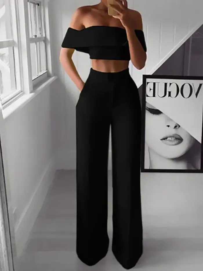2025 été solide décontracté deux pièces ensemble femmes Sexy haut court jambe large pantalon tenues 
