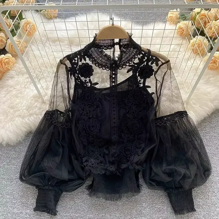 Dentelle bouffée à manches longues Blouse Vintage mode Blouses élégant Femme Blusas coréen Femme hau