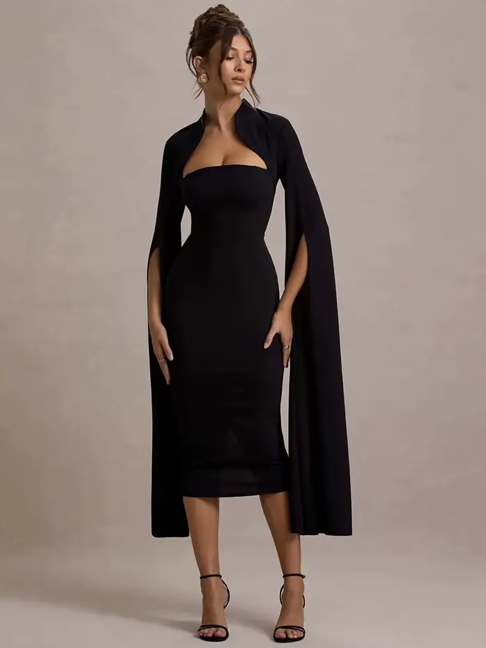 Mozision Cape à manches longues Sexy robe mi-longue pour les femmes automne hiver nouveau col carré 