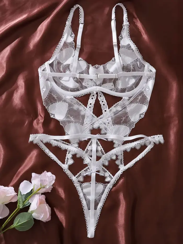 Dámské průhledné síťované body s vyšíváním srdce, prolamované výřezy, tenké a prodyšné, sexy a opláštění spodní prádlo, noční prádlo