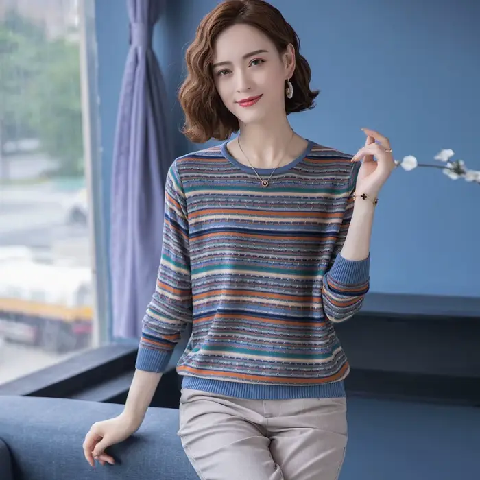 S-3XL d'âge moyen mère pull de base femmes printemps automne nouveau rayé manches longues haut col r