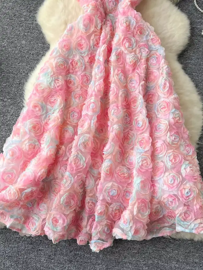 JAMERARY-Robe rose fleurie 3D pour femme, mini robe de Rhde luxe, style palais, vacances de célébrit