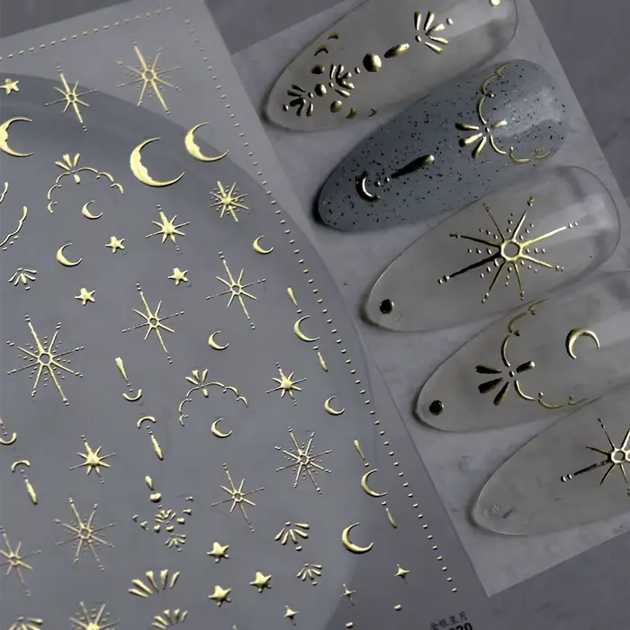 Autocollant 3D doré soleil/lune/étoile bronzant pour Nail Art, 8x10cm, Laser étoile lune, décalcoman