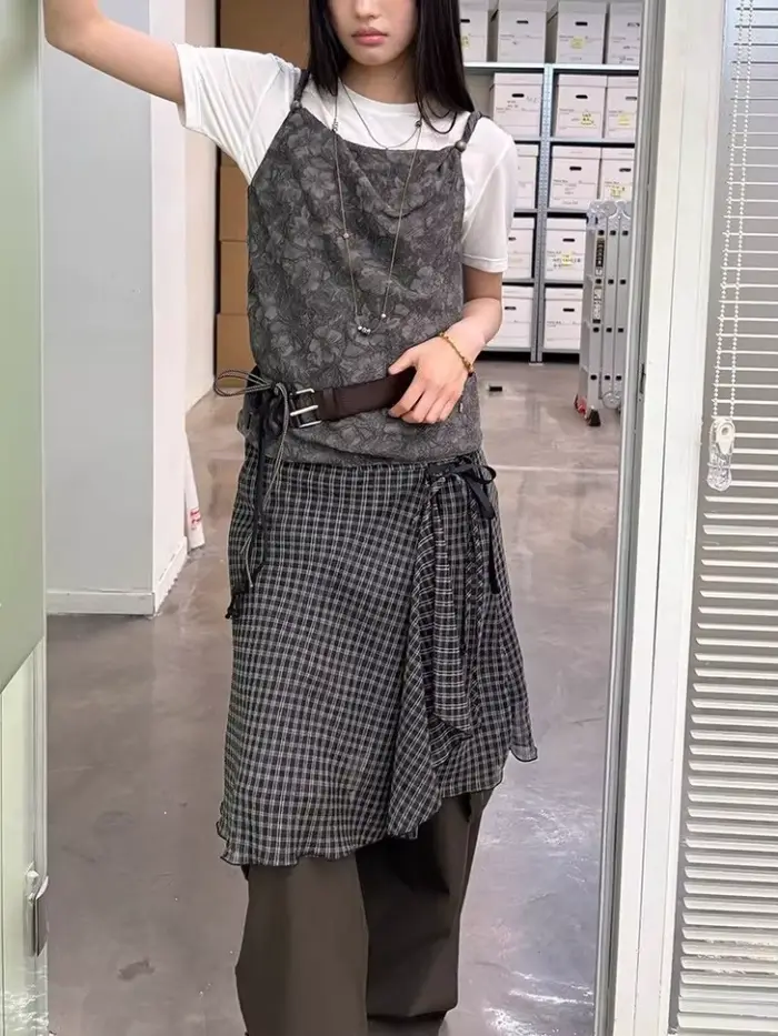 Deeptown Vintage Plaid maille jupes femmes japonais asymétrique mi jupe Y2k Harajuku à lacets jupes