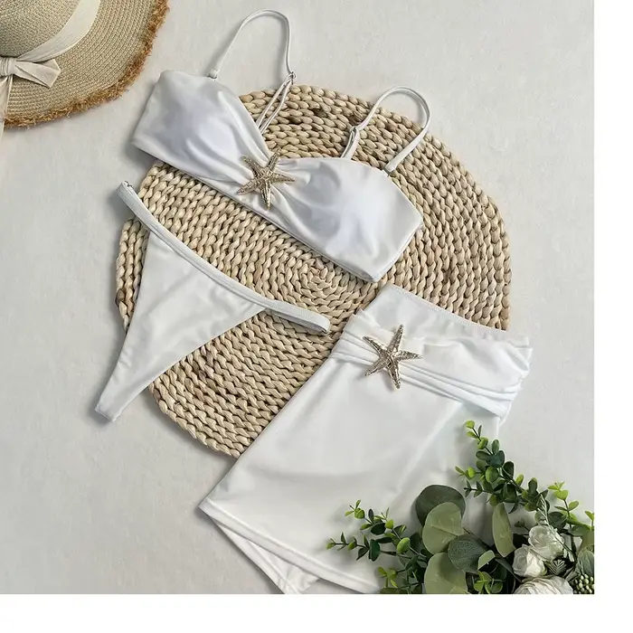DEBAIOR 3 Piece Bikiny Ženy Plavky Dámské Plavky Sexy Bikiny Set Plavky Biquini Lesklý Sukně Cover Ups