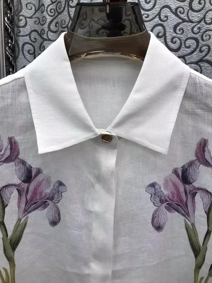 Chemisier 100% Lin pour Femme, Style Printemps-Été 2026, Col Rabattu, Imprimé Floral Violet, Manches