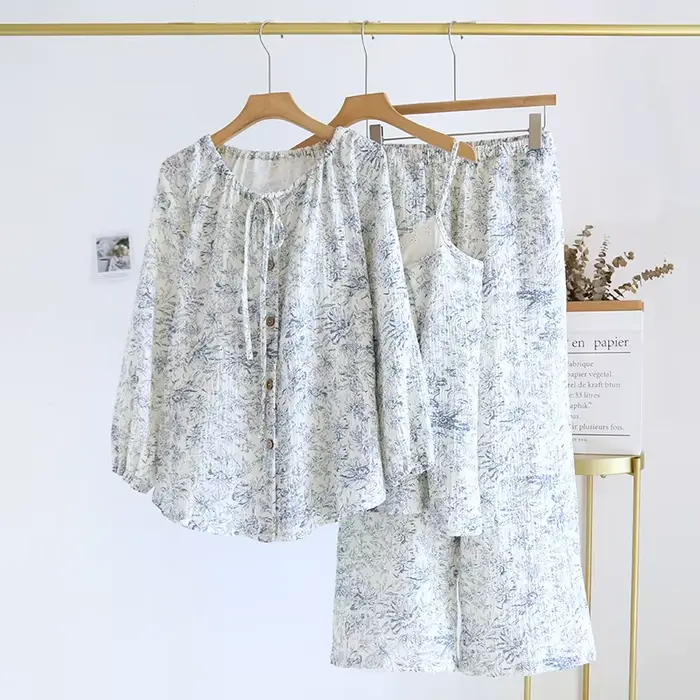 Pyjama d'été fin sans manches pour femmes, 3 pièces, vêtements de nuit floraux, ensemble de vêtements de nuit en coton, nouvelle collection 2024