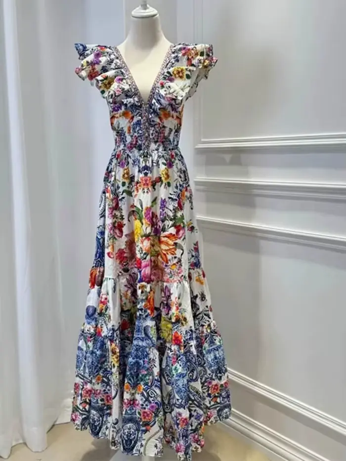 Robe rétro sexy à col en V profond pour femmes, manches Feifei imprimées, jupe haute, nouvelle robe 