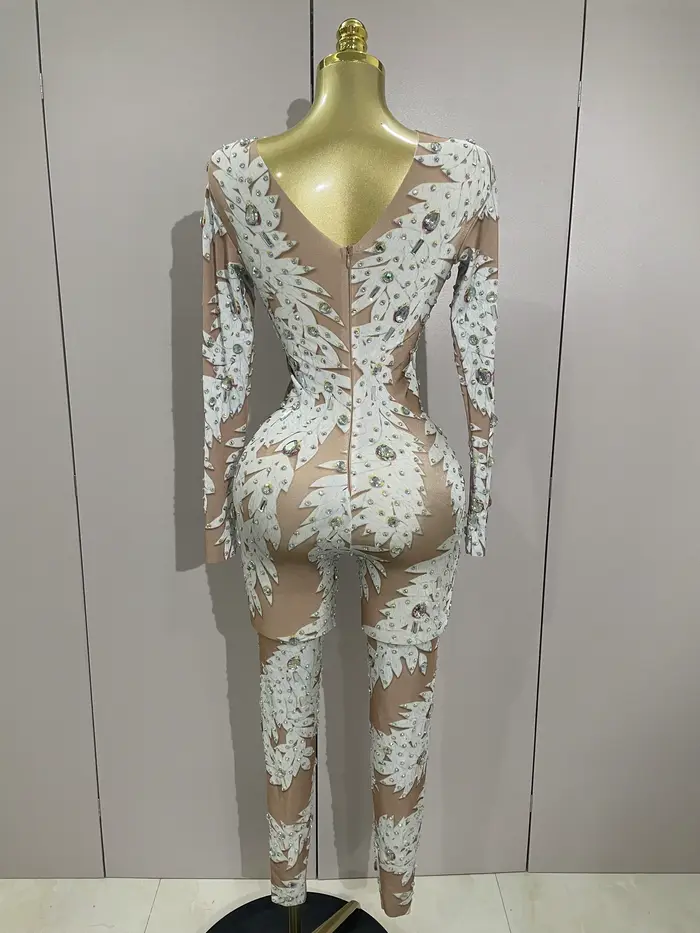 Body s dlouhým rukávem pro ženy, sexy, vysoká elasticita, zdobené krystaly, pro noční taneční show a jevištní oblečení
