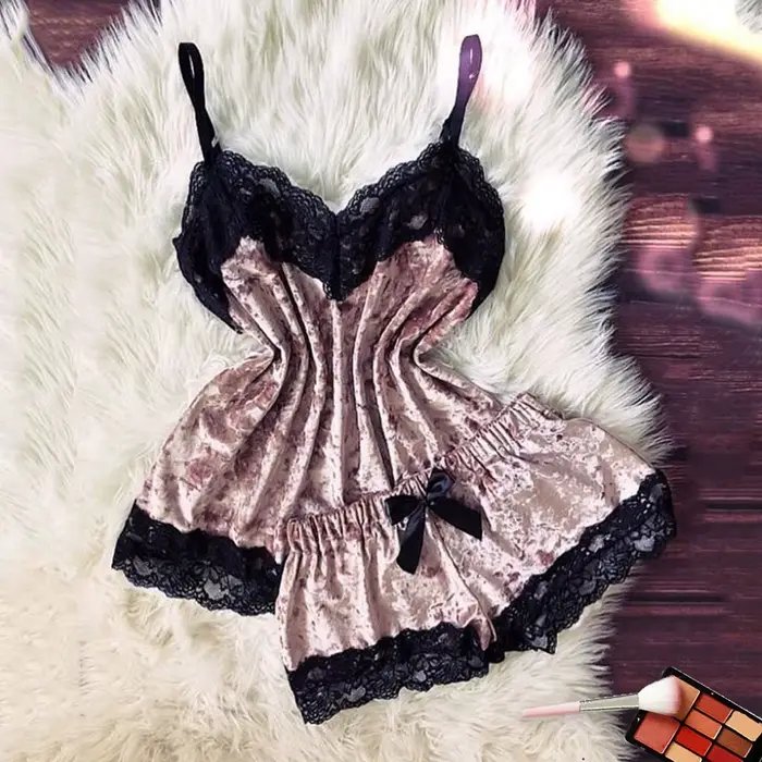 Pyjama d'été en velours pour femmes sexy sans manches avec nœud et garniture en dentelle haut caraco ensemble lingerie pour occasions spéciales nuit de lune de miel soirée lingerie