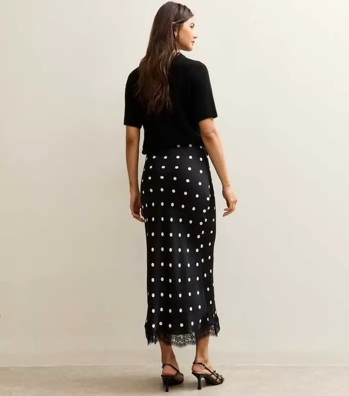 Jupes midi à pois pour femmes, été 2026, taille haute, en satin, patchwork, dentelle, robe décontrac