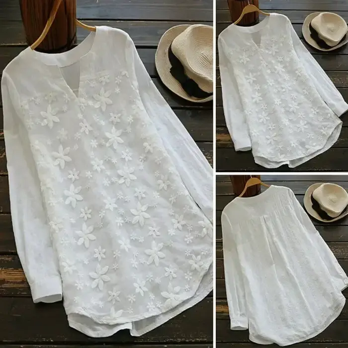 Chemisier en coton et lin brodé pour femmes, décontracté, mode, ample, blanc, chemise élégante, gran