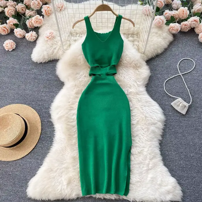YuooMuoo femmes robe Sexy découpé taille paquet hanches fendu robe moulante été mode dame tricoté fê
