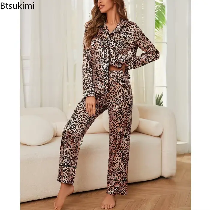 Pyjama en soie glacée imprimé léopard pour femme, ensemble deux pièces, vêtements de nuit en Satin, vêtements de maison, printemps et automne