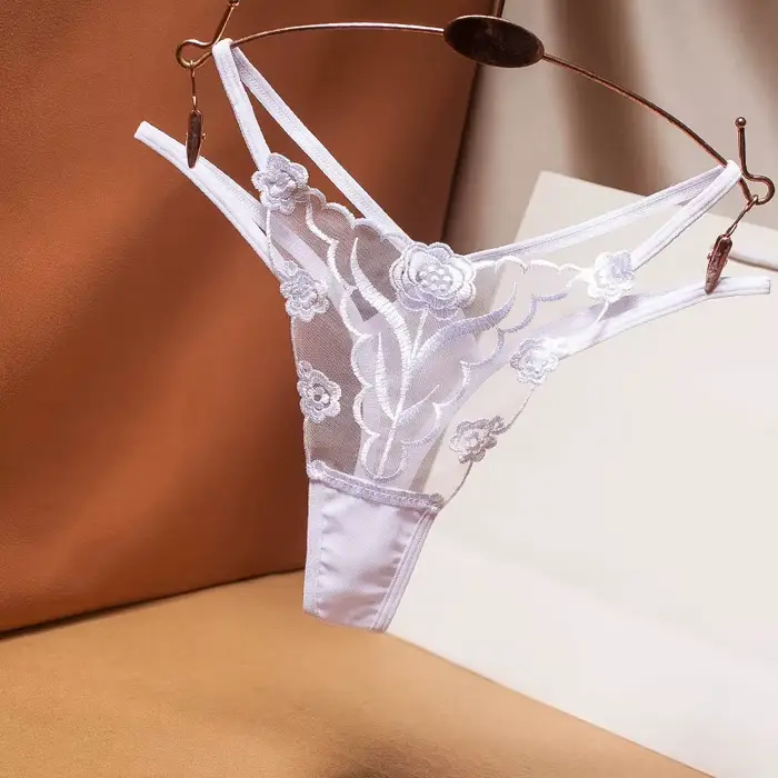 Culotte femme transparente en polyester et élasthanne avec dentelle brodée taille basse string lingerie sous-vêtements intimes