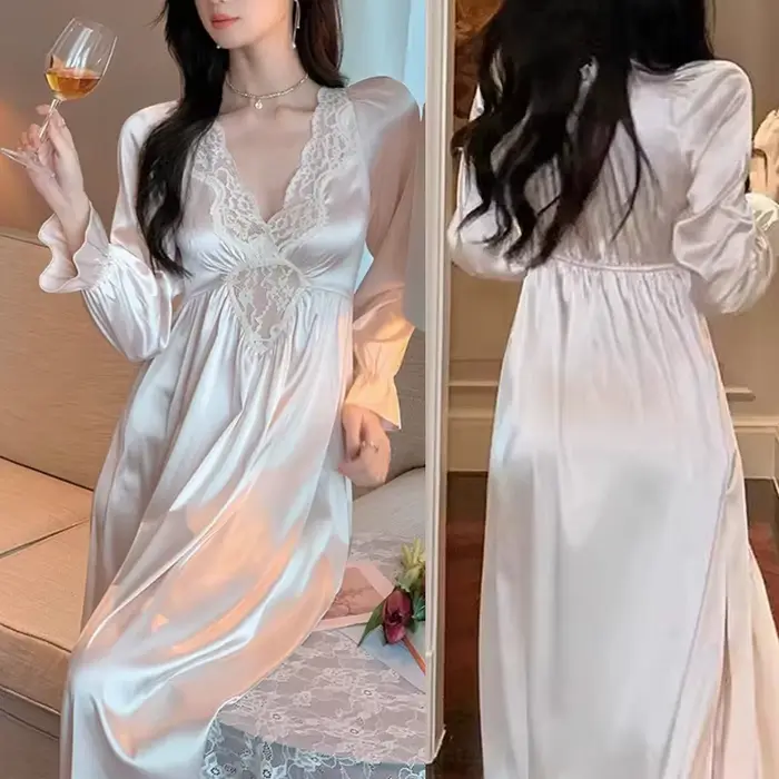 Dlouhá dámská noční košile, francouzský retro styl, princezna noční košile, jarní-letní noční prádlo, rayon volné padnoucí domácí oblečení, ležérní oblečení
