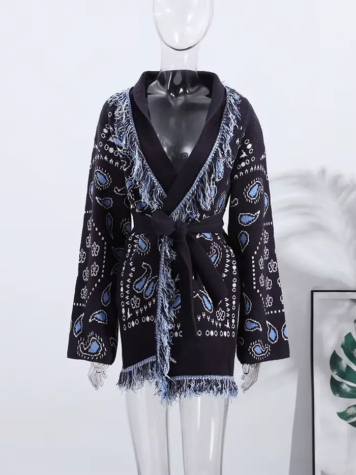 Cardigan imprimé Vintage avec pompons pour femme, col en v, manches longues, pull épissé, assorti av