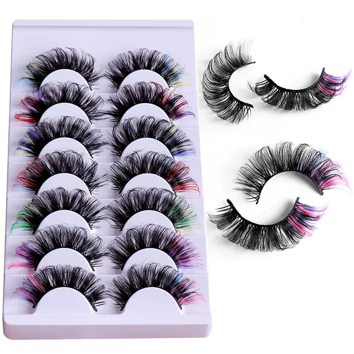 7 paires de cils colorés moelleux Faux cils de vison avec couleur, Volume de boucle D dramatique Lon