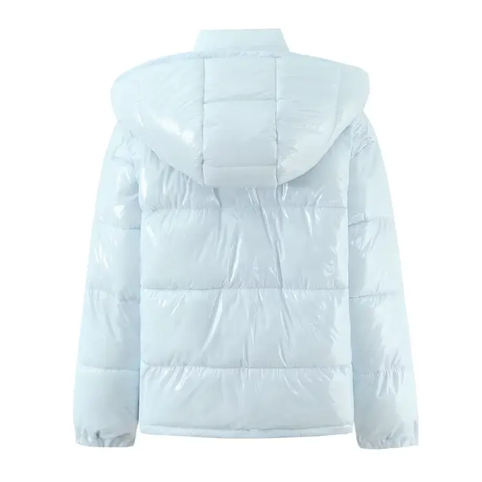 Nouveau hiver mode femmes bleu clair brillant fermeture éclair pain Parka manteau femme col montant 