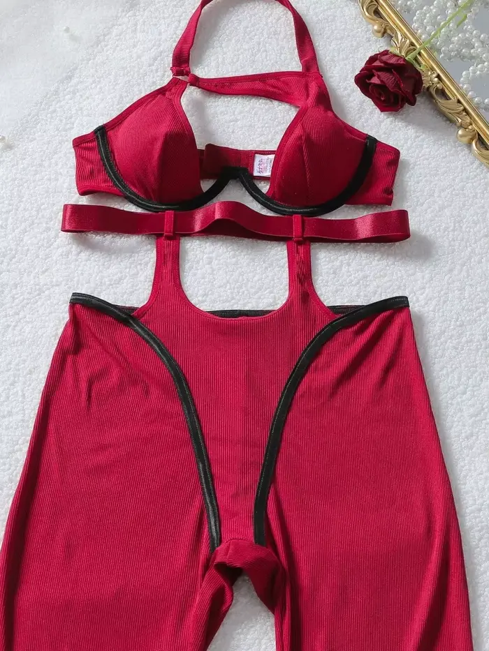 Sada body červené prolamované, sexy sochařské spodní prádlo, elegantní a luxusní design, ideální pro klubové párty a každodenní oblečení.
