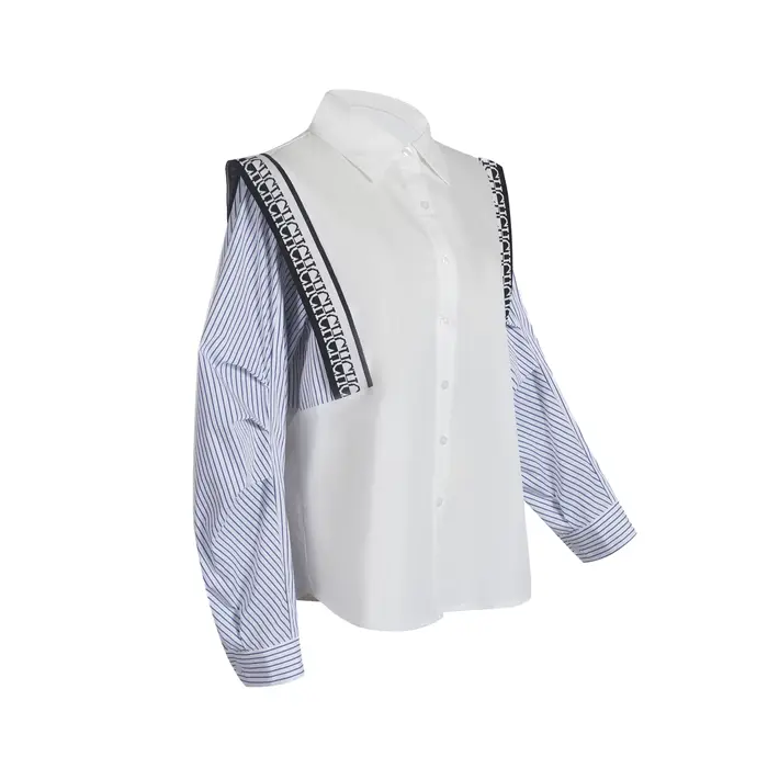 CHCH-Chemise à Manches sulfpour Femme, Haut Décontracté, Confortable, Simple, Rayé, Patchwork, Bleu 