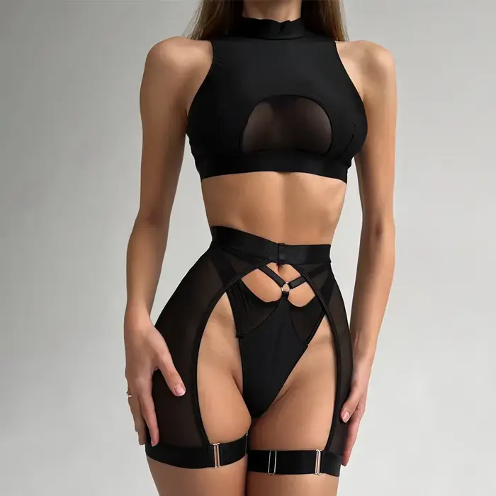 souprava Sexy Krajka pro ženy, Erotické Teddy Krajka Bikiny, 3-dílné, podprsenka a kalhotky, podvazky, průhledný, noční košilka, Dámské spodní prádlo