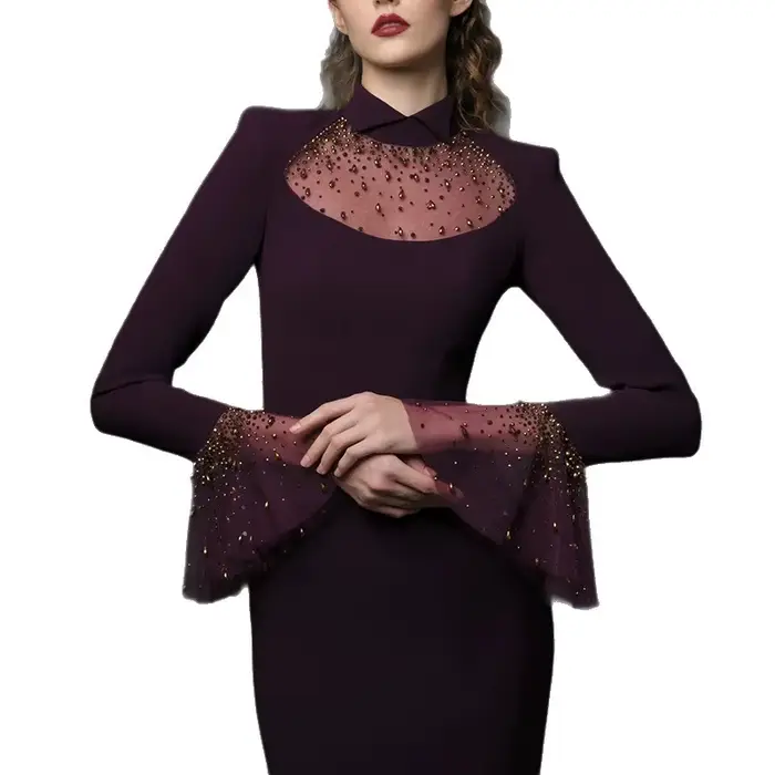 Nouvelle Collection 2026 – Robe Longue de Créateur pour Femme avec Col à Revers, Maille Patchwork, D