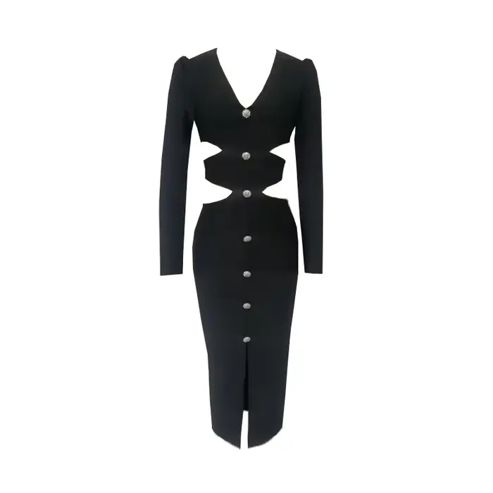 Robe mi-longue à bandes pour femmes, col en V, fendue, découpée, élégante, moulante, Sexy, mode, man