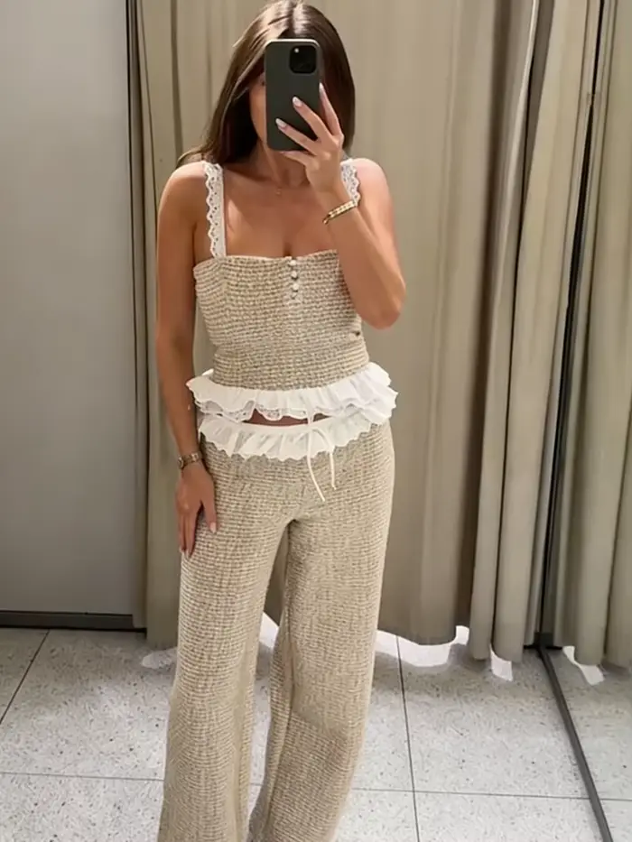 Ensemble décontracté élégant 2 pièces pour femme : Haut court à bretelles fines et volants, pantalon