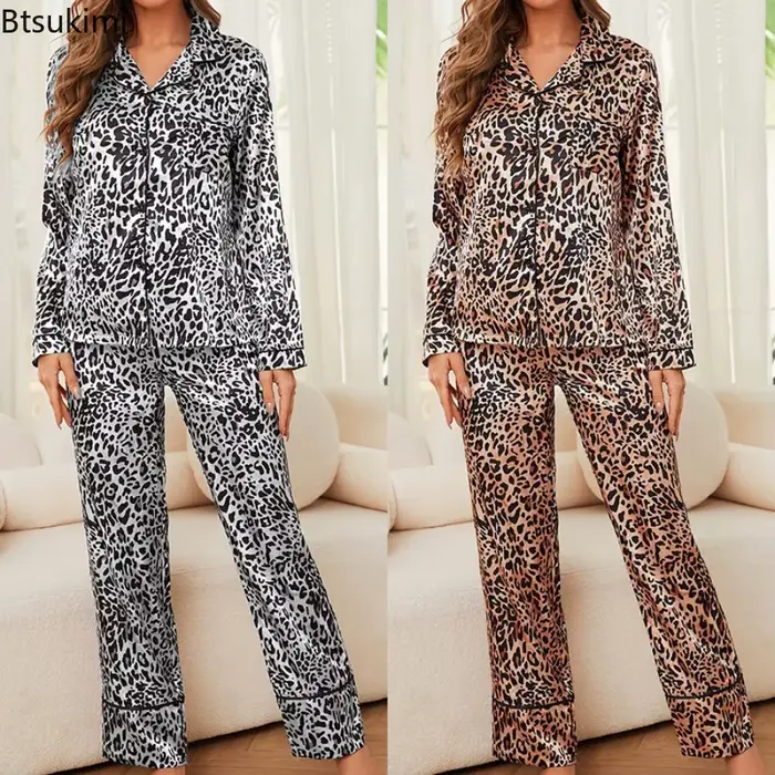 Pyjama en soie glacée imprimé léopard pour femme, ensemble deux pièces, vêtements de nuit en Satin, vêtements de maison, printemps et automne