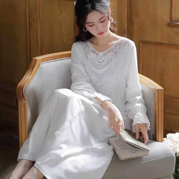 Romantické krajkové noční košile pro ženy, francouzský styl, víla noční košile, elegantní, dlouhé rukávy, bavlna, viktoriánské ležérní oblečení