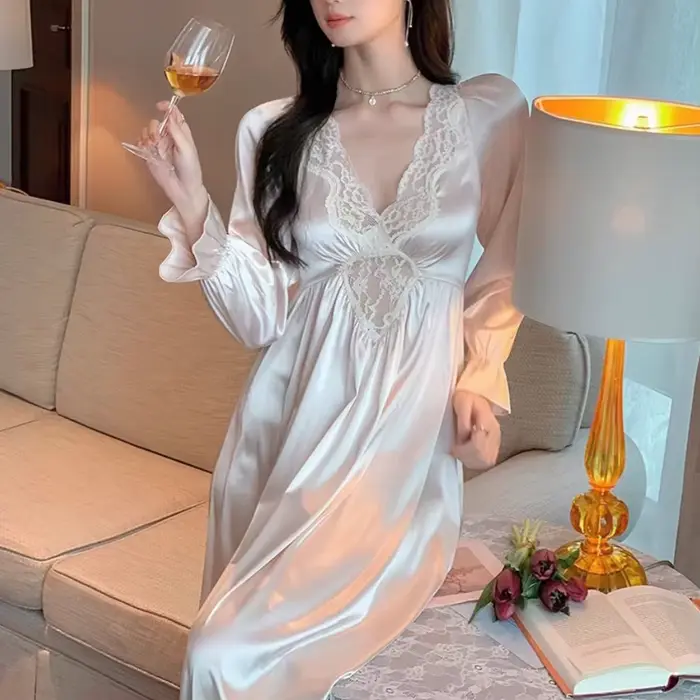 Dlouhá dámská noční košile, francouzský retro styl, princezna noční košile, jarní-letní noční prádlo, rayon volné padnoucí domácí oblečení, ležérní oblečení